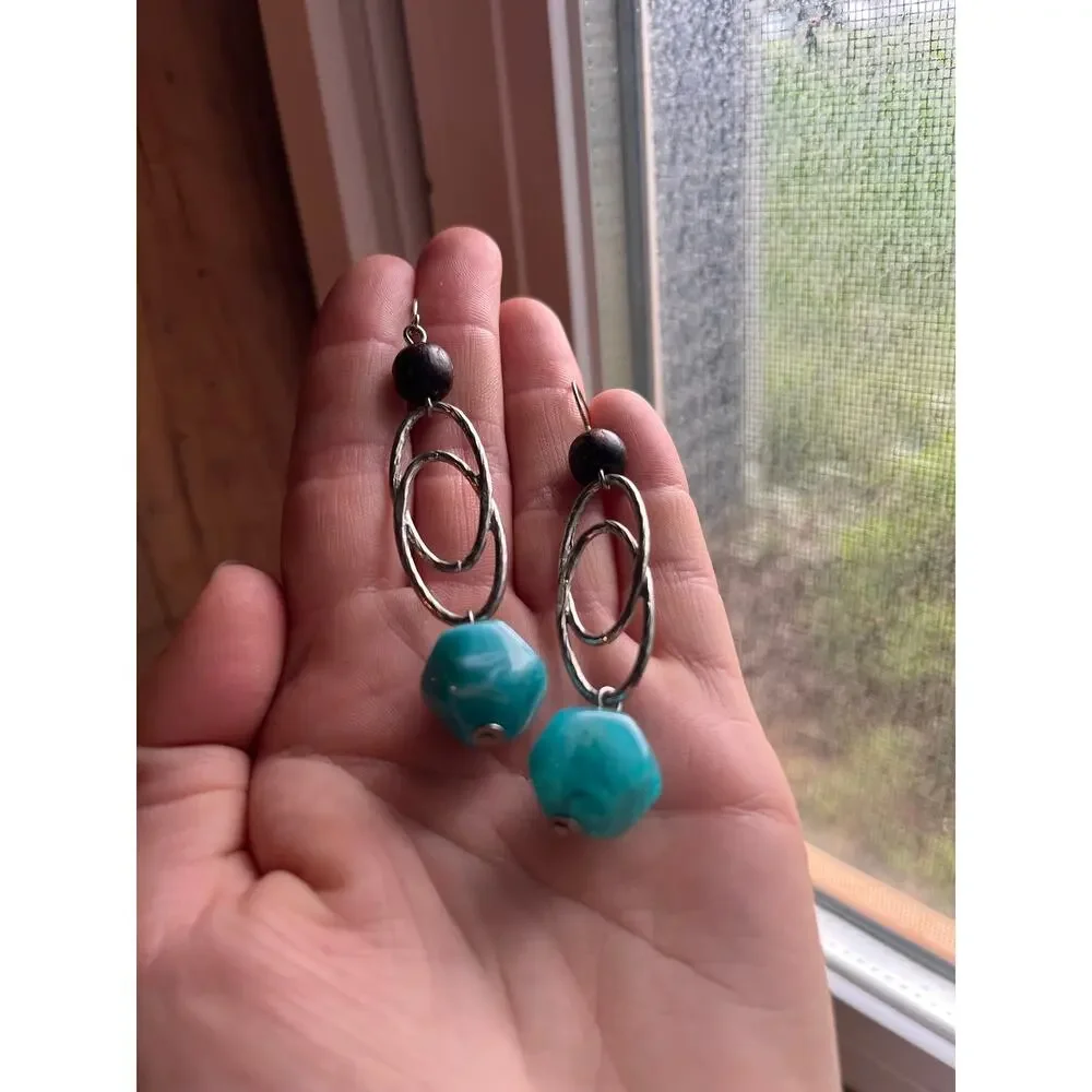 Beaded Brown Silver and Teal Dangle Earrings
